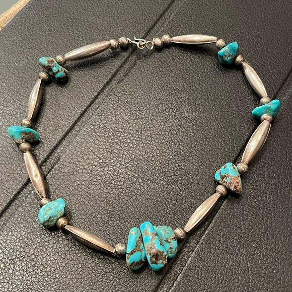 Vintage turquoise and silver melon bead nugget choker necklace - Picture 1 of 7